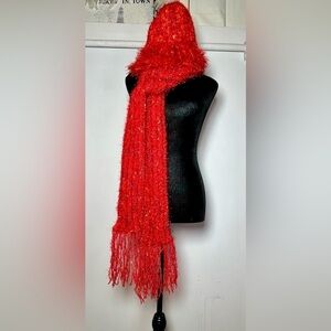 NEW Boutique Artsy Hand-Knitted Scarf and Hat SET with Fringe & Appliqués